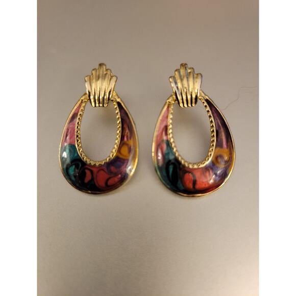 Vintage Enameled Hoop Drop Earrings - Picture 4 of 5
